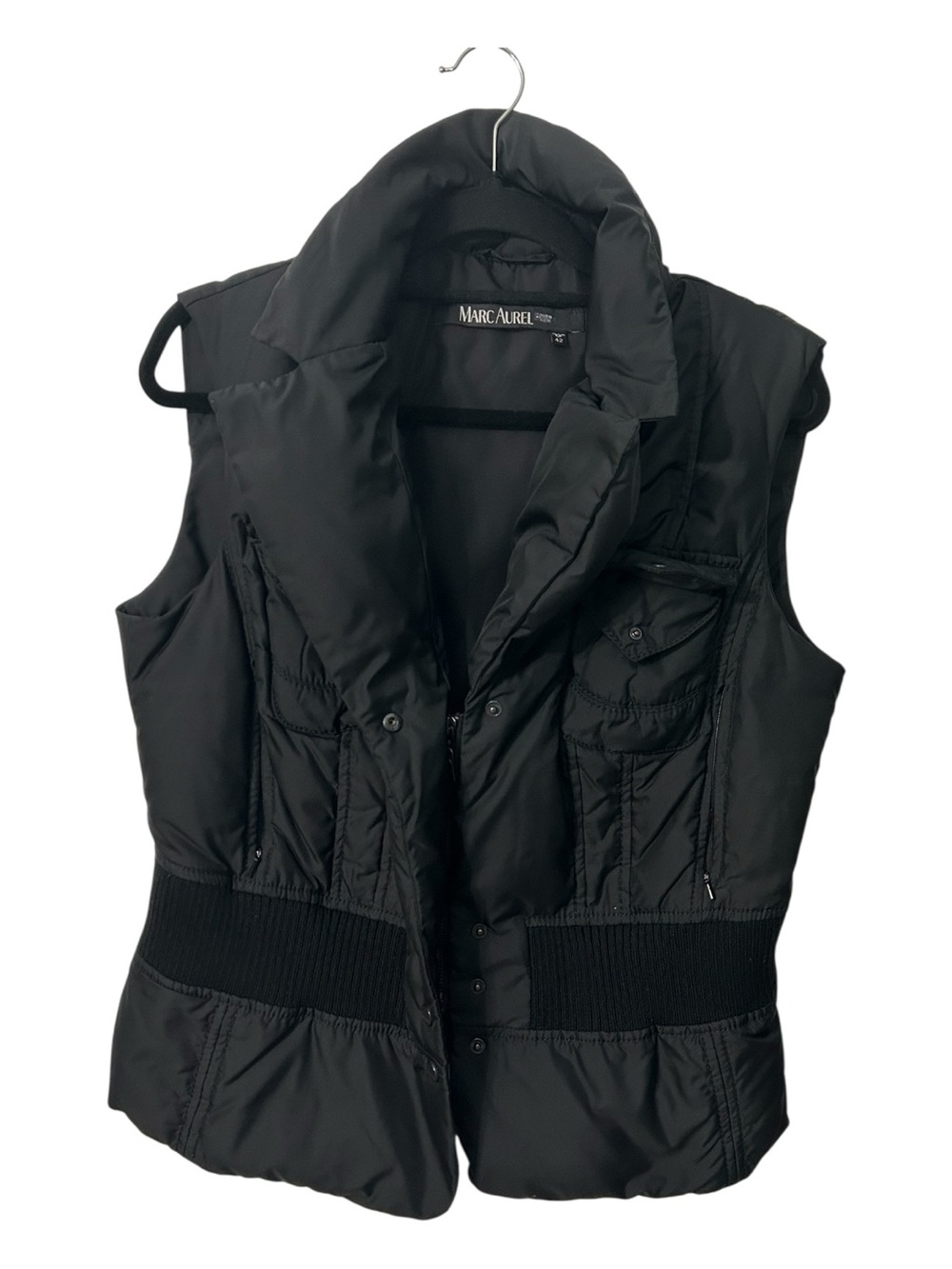 Marc Aurel Black Padded Puffer Vest Ribbed Waist Wide Collar German Fashion